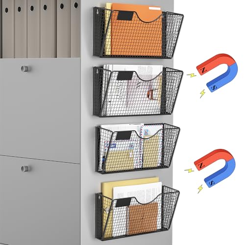 MFTEK Magnetic File Holder, 4 Pockets Magnetic File Folder Holder No Drilling Magnet Paper Mail Organizer Magazine Basket, Hanging Wall Storage Rack for Fridge Cabinets Office Classroom - color: Black, size: 4 Pack