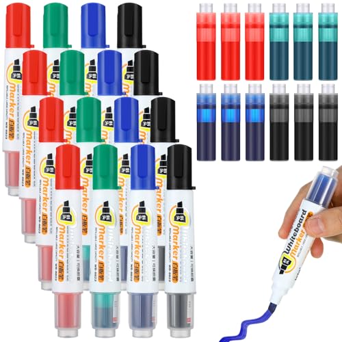 Fullhawl 12 Set Refillable Dry Erase Markers White Board Master Dry Erase Marker Black Red Blue Green for Office School Home