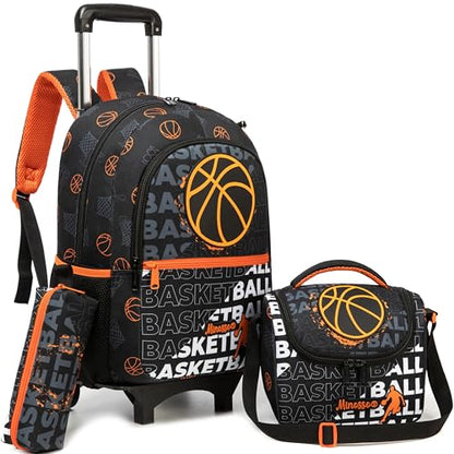 Backpack with Wheels for Boys Rolling Backpack with Lunch Box Pencil Case for Kids Carry On Suitcase with Wheels for Elementary Teens Boys - color: Basketball