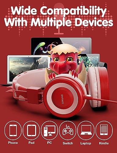 SIMJAR Dinosaur Kids Headphones with Microphone for School, Volume Limiter 85/94dB, Over-Ear Girls Boys Headphone for Kids with Foldable Wired Headphones for iPad/Travel (Red) - color: Red Dinosaur