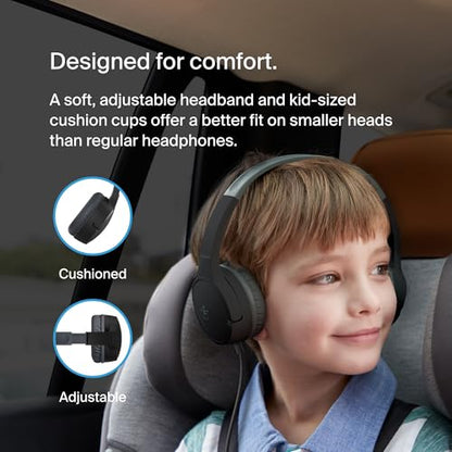 Belkin SoundForm Mini Kids Wired Headphones with Built-in Microphone & Fun Stickers, 85dB Safe Volume Limit – for Online Learning, Travel, Compatible w/iPhone 15, iPad, Galaxy S23, & More - Black - color: Black, style: Wired