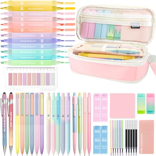 53PCS Aesthetic Office Supplies with Large Pencil Case,12 Pastel Highlighters,5 Black & 6 Color Ink Gel Pens,2 Inspirational Stylus Ballpoint Pens,4 Mechanical Pencils 0.5-0.7mm College Essentials - color: Multicolor，Black