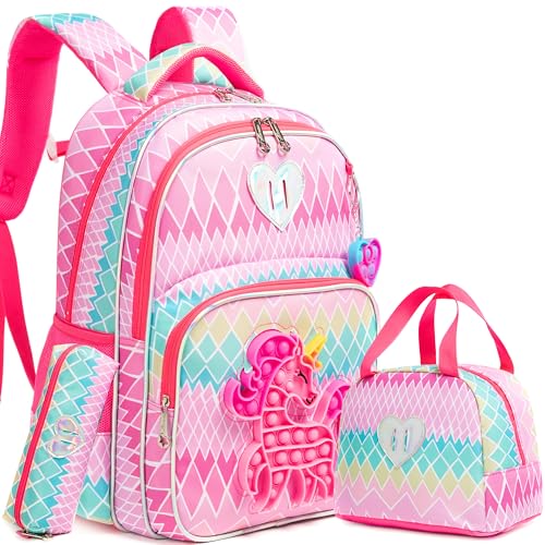 Backpack for Girls Elementary Preschool Kids Lunch Box for School - color: Unicorn Bag Rose