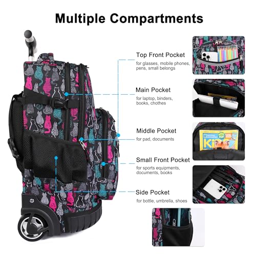 Tilami Rolling Backpack, 18 inch Shoulder Drop, Concealed Pockets and Wheel Cover, Laptop Backpack for Boys and Girls, Cat Black - color: Cat Black