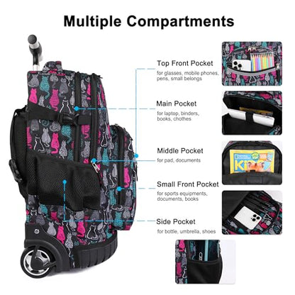 Tilami Rolling Backpack, 18 inch Shoulder Drop, Concealed Pockets and Wheel Cover, Laptop Backpack for Boys and Girls, Cat Black - color: Cat Black