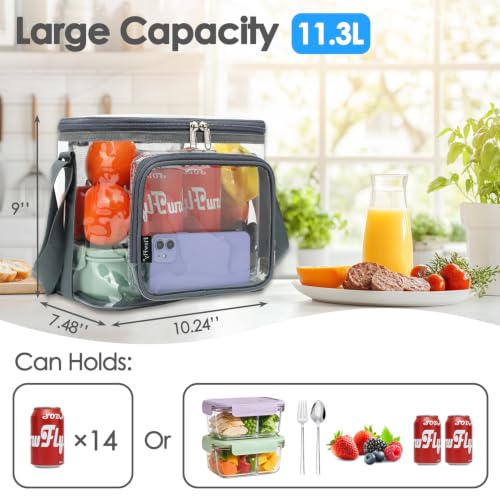 FlowFly Insulated Reusable Lunch Bag Adult Large Lunch Box for Women and Men with Adjustable Shoulder Strap,Front Zipper Pocket and Dual Large Mesh Side Pockets,Clear#Grey - color: Clear#Grey