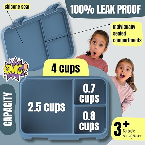 BEARFOOT Kids Lunch Box with Compartments – Compact & Lightweight | Leak-Proof, BPA-Free, Dishwasher Safe | Hand-Drawn Design for Preschool, School, Travel (Blue, 4 Cups) - color: Blue, size: 4 Cups