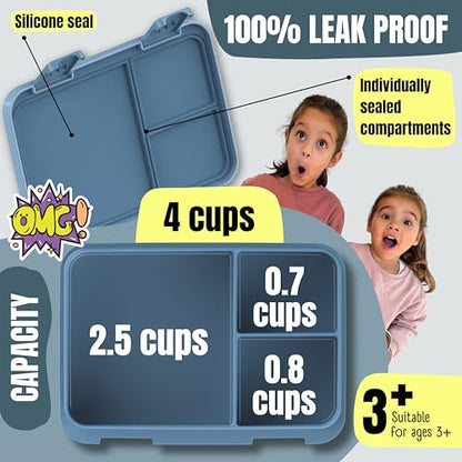 BEARFOOT Kids Lunch Box with Compartments – Compact & Lightweight | Leak-Proof, BPA-Free, Dishwasher Safe | Hand-Drawn Design for Preschool, School, Travel (Blue, 4 Cups) - color: Blue, size: 4 Cups