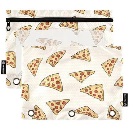 Studying 2 Pack Triangle Pizza in Sausage Pattern 3 Ring Binder Pencil Pouch Bags,Clear Window Zipper Storage Case for Boys Girls School Office Supplies Cosmetics Organizers - color: Multi-pizza