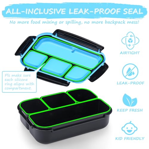 QQKO Bento Box for Kids Adults, School Toddler Lunch Box for Boys Girls, Lunch Box Containers with 4 Compartments, Sauce Container, Utensils, Food Picks and Muffin Cups for School, Black Blue - color: Black Blue