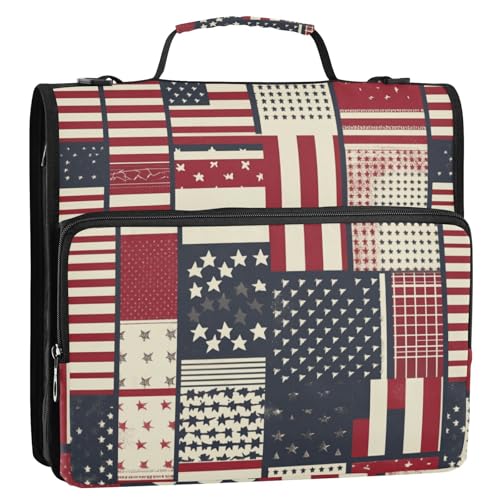 July 4th Textile Patchwork Red Zipper Binder 3 Ring 1.5 Inch School Binder Organizer with Shoulder Strap Handle File Folder Pockets Large Capacity Students Girl Boy Men Office Work - color: July 4th Textile Patchwork Red