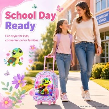AGSDON 3PCS Kids Rolling Backpack, Girls Roller Wheels Bookbag, Wheeled Elementary School Bag with Lunch Bag - Turtle - color: Turtle Roller