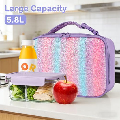 FlowFly Kids Lunch box Insulated Soft Bag Mini Cooler Back to School Thermal Meal Tote Kit for Girls, Boys,Purple#Glitter - color: Purple#Glitter