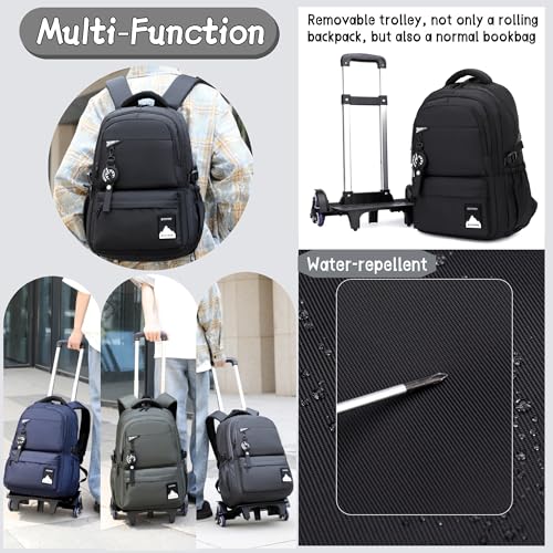 Bansusu Kids Rolling Backpack for Boys School, Classic School Bag Roller Boys Backpack with 6 Wheels, Black - color: 6 Wheels-black, style: 6 Wheels