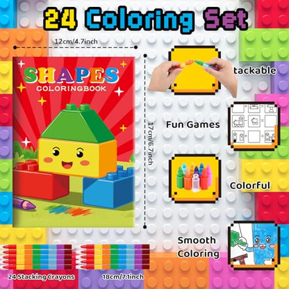 BenLouis 24 Building Block Mini Coloring Books Kids with 24 Stacking Crayons Geometric Shapes Party Favors Activity Books Bulk for Kids Building Goodie Bag Gift Stuffer Classroom Reward - style: Building Block