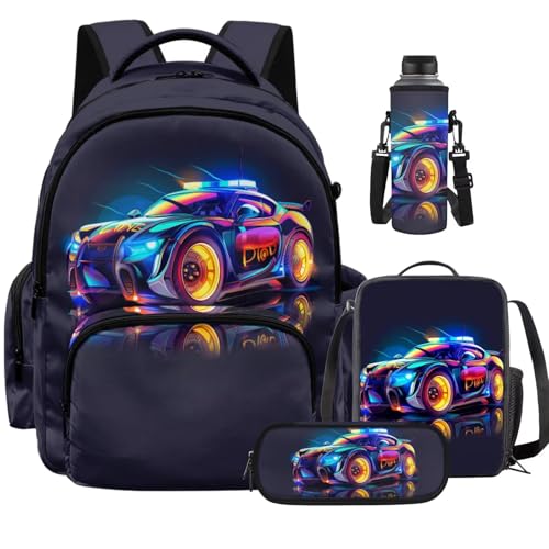 Cool Race Car Backpack for Boys Kids Backpack with Lunch Box Water Bottle Holder and Soft Pencil Case 4 Pcs Set 17 inch Sturdy Bookbag with Front Pocket for School Lightweight School Bag - color: Cool Race Car