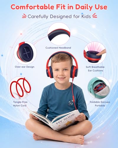 Candy Bila USB C Kids Headphones for School, HD Mic Stereo Sound, 85/94dB Volume Limited, Wired Over-Ear Headphones for Kids, Foldable Design for Travel, iPad, Tablet, Gradient red to Dark Blue - color: Gradient red to Dark Blue