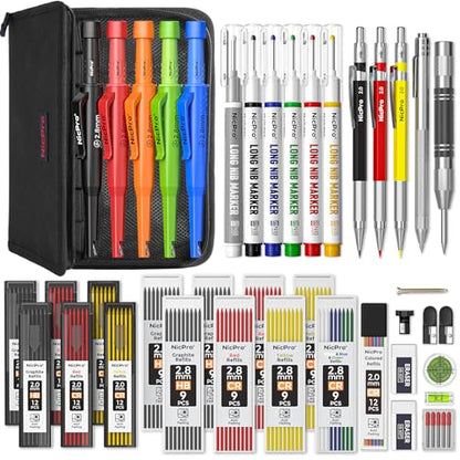 Nicpro 44Pcs Carpenter Pencil with Sharpener, Carpenter Tool in Canvas Case | 169 Refill,Carpenter Pencil Set with 6 Deep Hole Long Nib Marker Pen, Scribe Tool, Construction Pencils for Architect Marking - size: 44 Pack