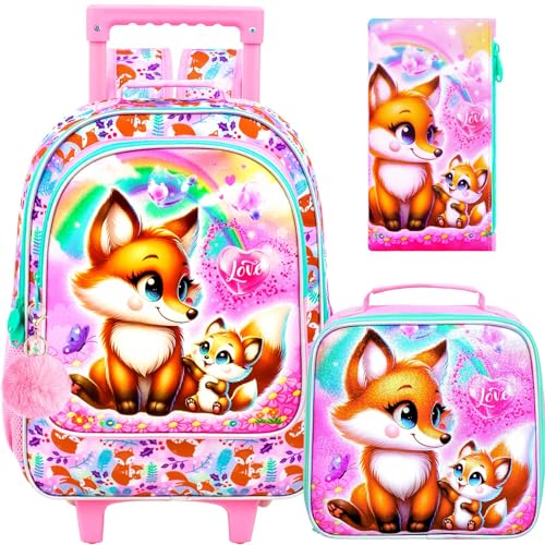 KLFVB Rolling Bookbag for Girls, 3PCS Kids Roller Backpack with Lunch Bag, Wheeled School Bag for Children - Foxes - color: Upgraded UV Printing Foxes Rolling Backpack