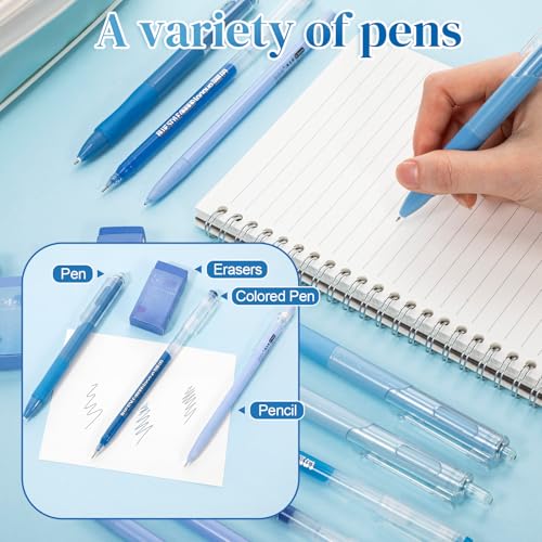 Eersida 74 Pcs Aesthetic School Supplies with Large Pencil Pouch 5 Ink Gel Pens 12 Highlighters 6 Mechanical Pencils 0.5mm 9 Color Pens 4 Note Pads Set for Student Stationary (Blue,Cute Style) - color: Blue, style: Cute Style