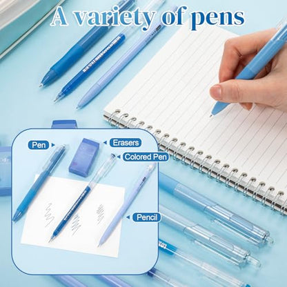 Eersida 74 Pcs Aesthetic School Supplies with Large Pencil Pouch 5 Ink Gel Pens 12 Highlighters 6 Mechanical Pencils 0.5mm 9 Color Pens 4 Note Pads Set for Student Stationary (Blue,Cute Style) - color: Blue, style: Cute Style