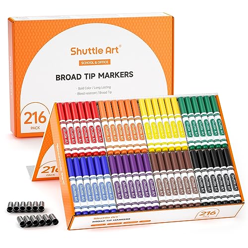 Shuttle Art 216 Pack Washable Markers, 8 Assorted Colors Broad Line Conical Tip Large Markers Bulk with a Box, Bonus Caps, Home Classroom School Supplies for Adults Students Teachers… - color: 27 Each of 8 Colors