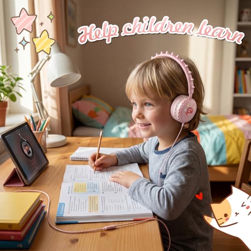 Kids Dinosaur Wired Headphones with Noise Cancelling Pink | Safe 85/94dB Volume Limit, HD Microphone for School, Soft Ear Cups, Pink Headphones for Toddlers & Teens - color: Dinosaur Pink