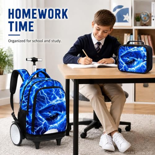 3Pcs Large Rolling Backpack for Boys, 20 Inch Detachable Wheeled Bookbag with Lunch Box, Durable Lightning Shark Roller Backpack for Elementary Middle School (Blue) - color: Large Wheels Shark Blue