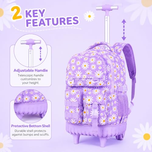 WZLVO 3PCS Girls Rolling Backpack, Water Resistance Roller Bookbag, Women Aesthetic Wheeled School Bag Set with Lunch Bag & Pencil Bag for Teens & Kids - Purple Chrysanthemum - color: 3pcs Girls Rolling Backpack - Purple Chrysanthemum