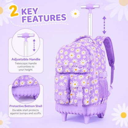 WZLVO 3PCS Girls Rolling Backpack, Water Resistance Roller Bookbag, Women Aesthetic Wheeled School Bag Set with Lunch Bag & Pencil Bag for Teens & Kids - Purple Chrysanthemum - color: 3pcs Girls Rolling Backpack - Purple Chrysanthemum