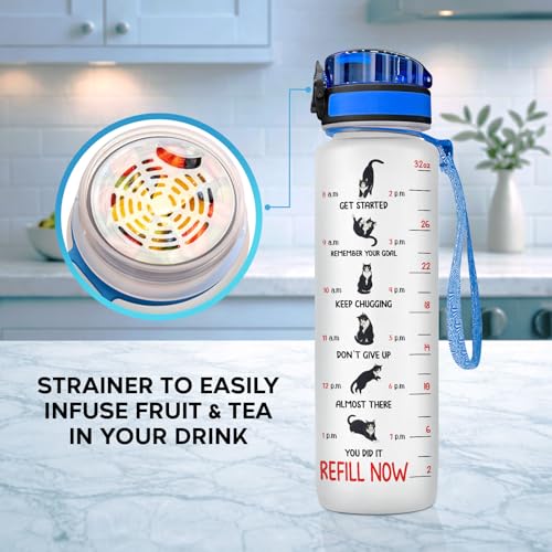 Funny Cat Hydration Water Bottle 32oz with Time Marker, Cute Cat Mom Gift for Women, Reusable Daily Motivation Drinking Bottle with Handle & Lid - color: Cat
