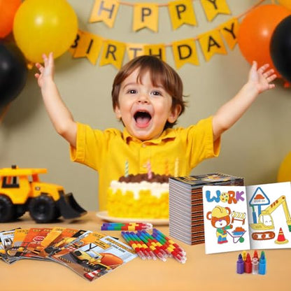 BenLouis 24 Construction Mini Coloring Books Kids with 24 Stacking Crayons Excavator Theme Party Favors Activity Books Bulk for Kids Construction Birthday Goodie Bag Gift Stuffer Classroom Reward - style: Construction