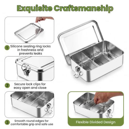 TeamFar Stainless Steel Bento Box, 81oz/2400ML Large Metal Lunch Box | Metal Lunch Container for Adults/Kids, for Home/School/Office/Travel, with 2 Removable Dividers, Leak-Proof & Dishwasher Safe - size: 2400ML