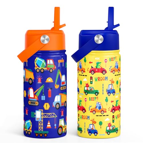 SANDJEST Kid Water Bottle 12oz with Straw Lid - 2-Pack Insulated Stainless Steel Water Bottles for Kids Boys Girls - Travel Cup for School Sports, Construction & Transportation - color: Construction + Transportation (2 Pack)