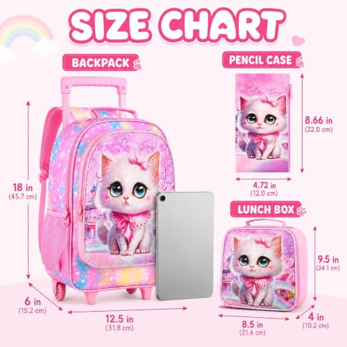 WZLVO 4PCS Rolling Backpack for Girls, Kids Cat Roller Backpacks with Wheels for Kids, Wheeled Bookbag Set for Toddler Elementary School - color: Cat Pink