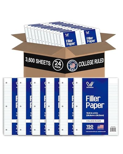 Notebook Paper USA-Made Loose Leaf Paper, 24 Pack 3600 Sheets 8"x10.5" College Ruled - 3-Hole Punched Bulk Filler Paper for 3-Ring Binder, 150 Sheets/Pack, Wholesale Available - color: College Ruled, size: 24 PACK(3600 SHEETS)