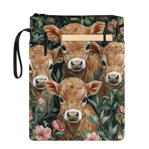 Padded Book Sleeve with Zipper & Front Pocket, Fabric Book Cover | Cute Highland Cow Floral11.4"x8.7" Washable Canvas Pouch for Hardcovers, Tablets & Reading Accessories - color: Cute Highland Cow Floral