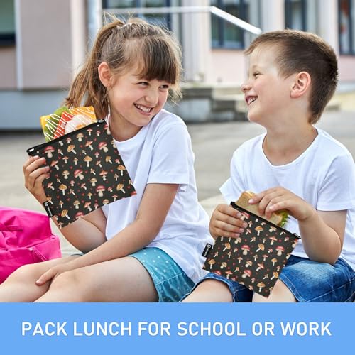Reusable Food Storage Bags Mushrooms Black Print 3 Pack Set Lunch Bag Compact Sandwich Snack Bag Small Medium Large for Lunch, Travel & Organization - color: Bag 2