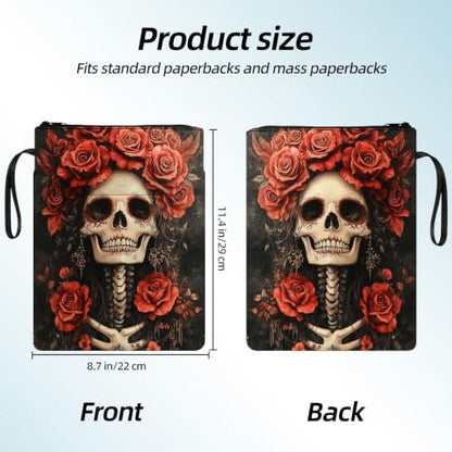 Padded Book Sleeve with Zipper & Front Pocket, Fabric Book Cover | Gothic Red Rose Skull Bone11.4"x8.7" Washable Canvas Pouch for Hardcovers, Tablets & Reading Accessories - color: Gothic Red Rose Skull Bone