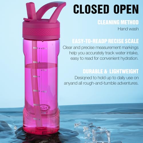 OLDLEY 20oz Kids Water Bottle with Straw, BPA-Free Tritan Water Bottle for School, Leakproof Clear Water Bottle with One Click Open, Measurement Scale, Cup Holder Friendly for Boys Girls,Fuchsia - color: Fuchsia