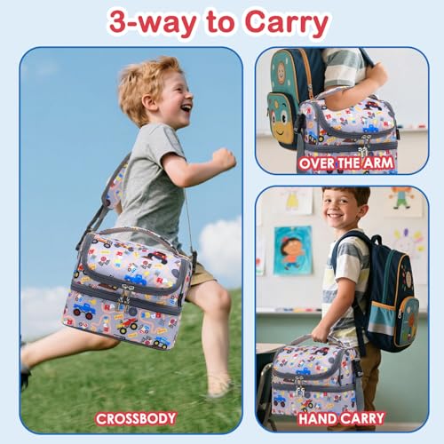 FlowFly Double Decker Cooler Insulated Lunch Bag Large Tote for Boys, Girls, Men, Women, With Adjustable Strap (Truck) - color: Truck