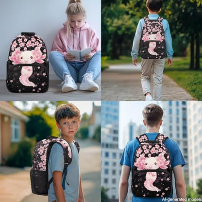 17 Inch Kid's 4PCS Backpack Set, Back to School Essentials | Insulated lunch box, water bottle pouch, pencil case, lightweight, padded shoulder straps, for elementary, middle school - color: Pink Axolotl-3