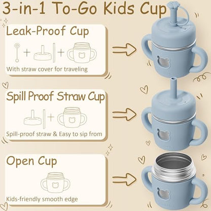 Fimibuke Sippy Cups for Toddlers, 10 OZ Spill Proof Kids Cup, Leak Proof Stainless Steel Tumbler with Handle, Silicone Straw & Sleeve, BPA Free Dishwasher Safe Girl Boy Kids Water Bottle, 2 Packs - color: Forest & Ocean