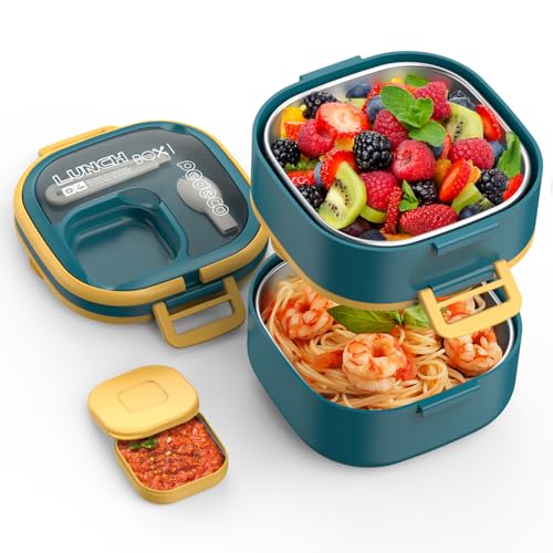 PEDECO Double-Layer Bento Lunch Box for Kids & Adults with Removable Stainless Steel Dividers,Dressing Container,BPA-Free,Dishwasher Safe - Includes Utensil,(Blue,Non-Insulated) - color: Blue, size: Stainless Steel Double Layers