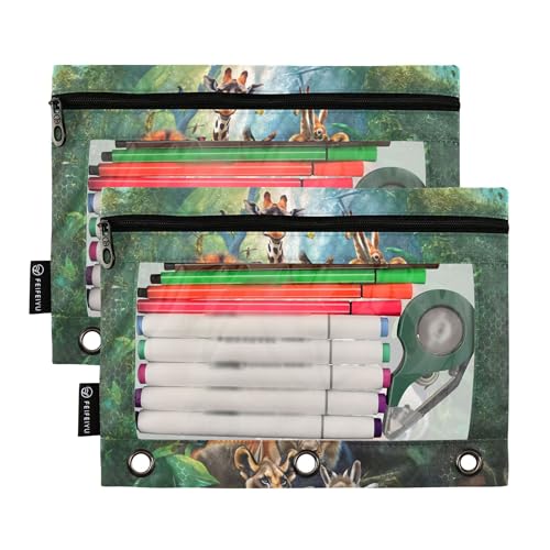 Wamika Animal Zoo Binder Pouches 3 Ring for Boys Girls School Office College Supplies Panda Tiger Lion Giraffe Pencil Pouches Case Bag with Clear Window and Zipper 2 pack - color: Cow