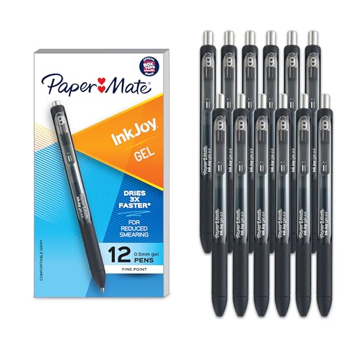 Paper Mate InkJoy Gel Pens, Retractable, Fine Point (0.5mm), Black Ink, 12 Count - Comfortable Grip, Writing, Teacher Supplies - color: Black, size: 12 Count (Pack of 1)