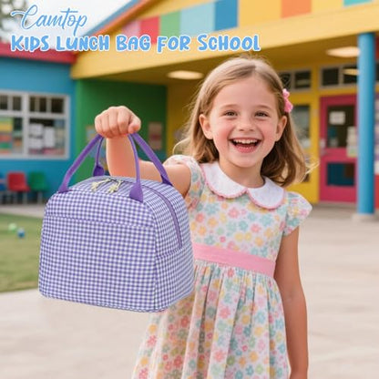CAMTOP Lunch Box Kids Insulated Lunch Bag Large Reusable Leakproof Cooler Lunch Bags for Boys Girls School Travel Picnic (Purple and White Checkered) - color: Purple and White Checkered