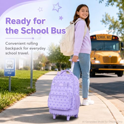 HPJGD 3PCS Girls Rolling Backpack, Purple Star Wheeled School Backpacks, Water-Resistant Roller Bookbag Set - color: Purple Star Rolling Backpack Set