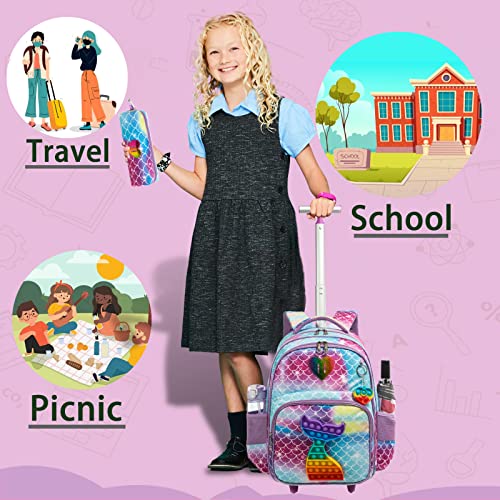 Mermaid Rolling Backpack for Girls Kids Wheels Backpacks for Elementary Student Wheeled Trolley Trip Luggage for Teen Girls with Lunch Box Pencil Case - color: 01 Mermaid