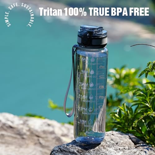 OLDLEY Water Bottle, 32oz Motivational Sports Water Bottle with Time Marker - Times to Drink - Tritan, BPA Free, Wide Mouth Leakproof,Smoke Grey - color: Smoke Grey